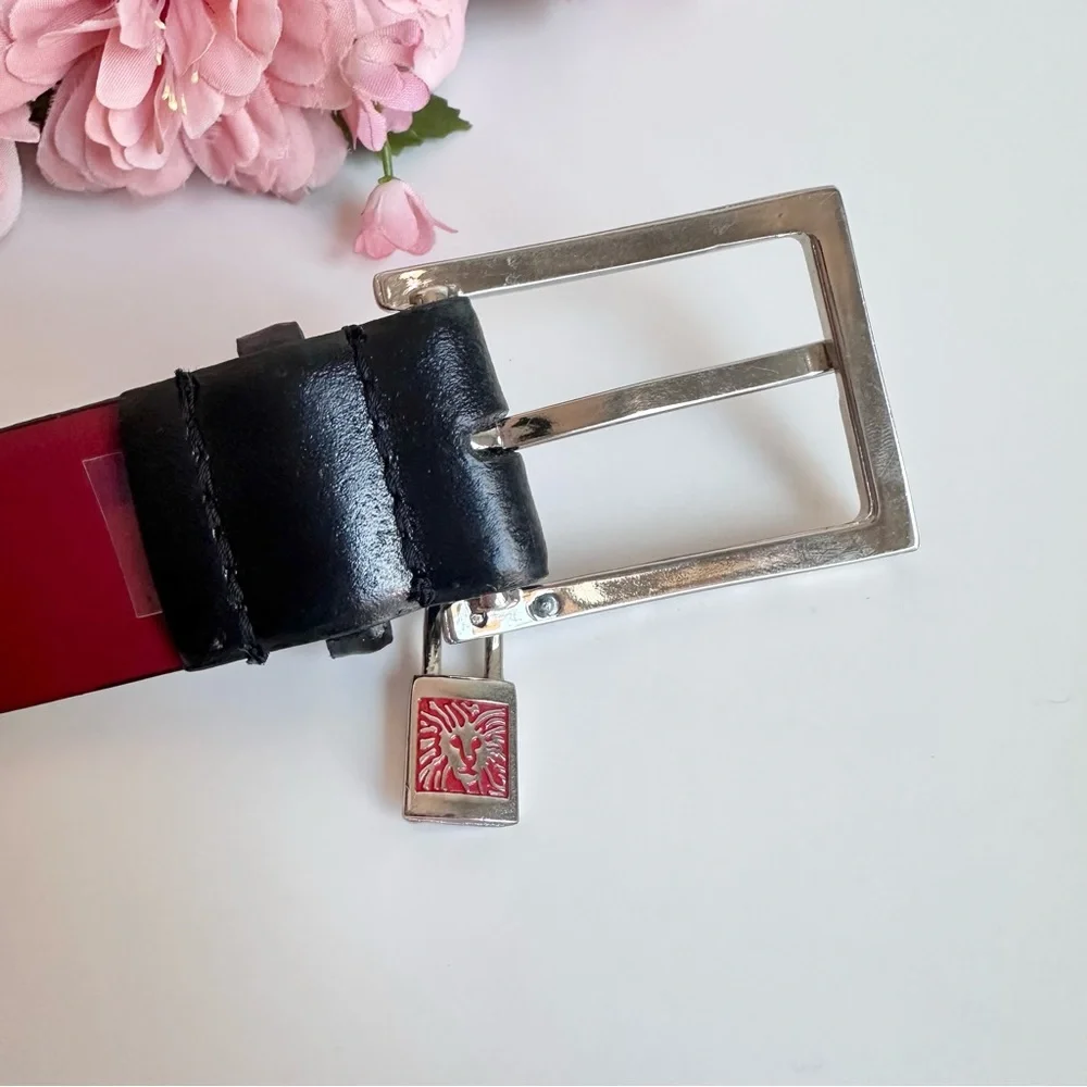 Anne Klein “AK” Black Genuine Leather Silver Lock Charm Rectangle Buckle Belt